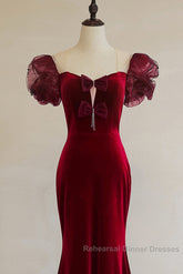 Wine Red Mermaid Long Party Dress With Bow, Wine Red Evening Dress Semi Formal Prom Dress